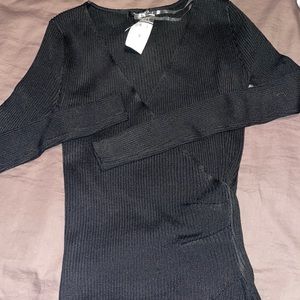 Black Deep V Long Sleeve cross wrap shirt